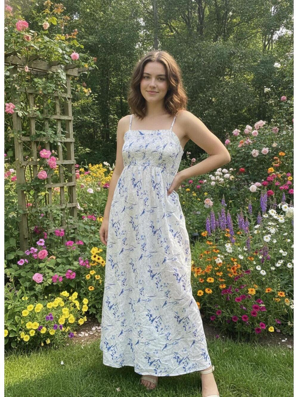 Alonna Floral/ Bird Print Maxi Dress - Lightweight Summer Dress Large
